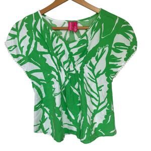 Lily Pulitzer M Green & White Palm Print Flowy Short Sleeve Swim Coverup Blouse